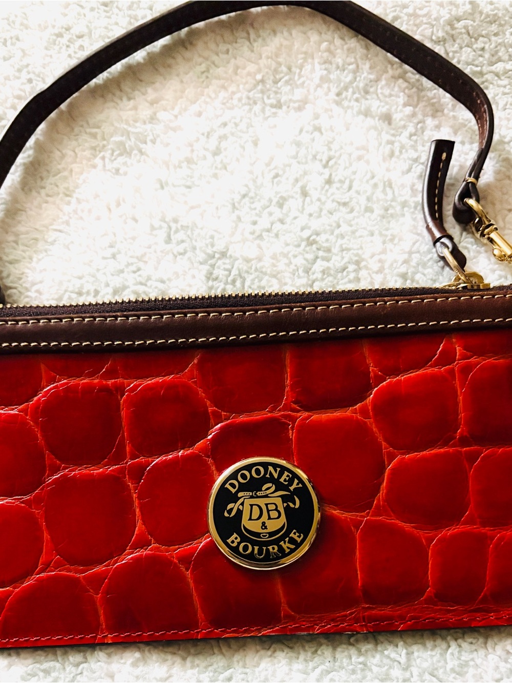 Dooney & Bourke Red Croc-Embossed Wristlet with Brown Trim